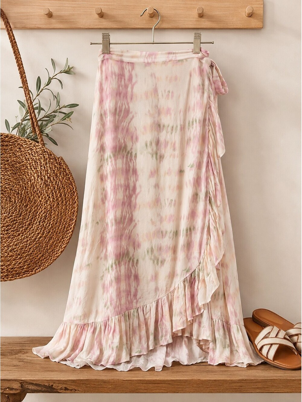 Dolan Anthropologie Left Coast Tie Dye Ruffle Midi Wrap Skirt Pink Green M